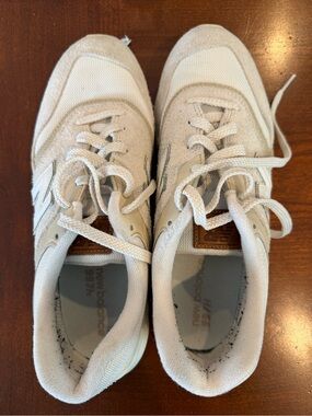 New Balance Cream and White Suede Mesh Sneakers